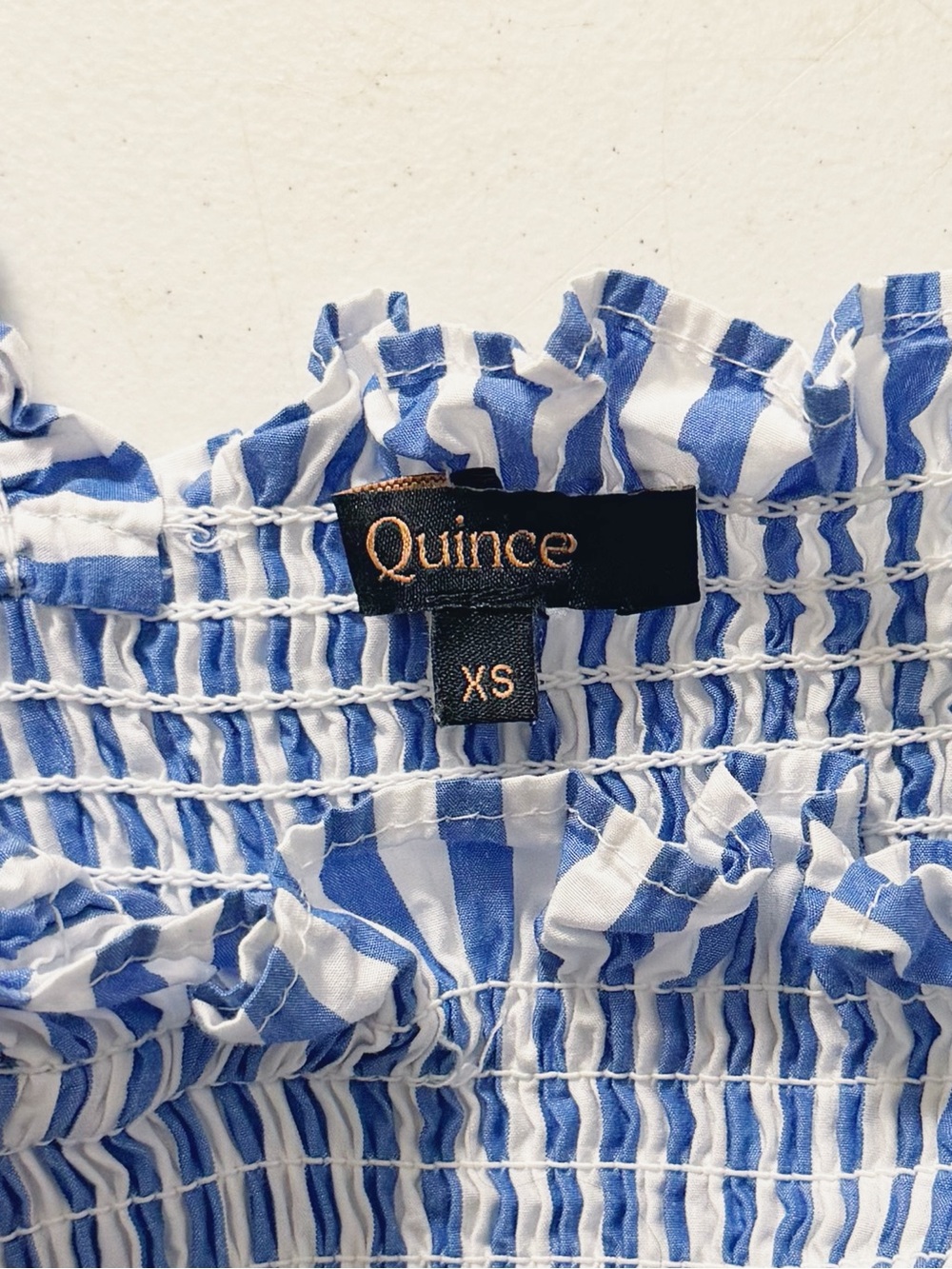 Quince 100% Organic Cotton Poplin Smocked Midi Dress in Azure Stripe Blue White - Picture 5 of 7